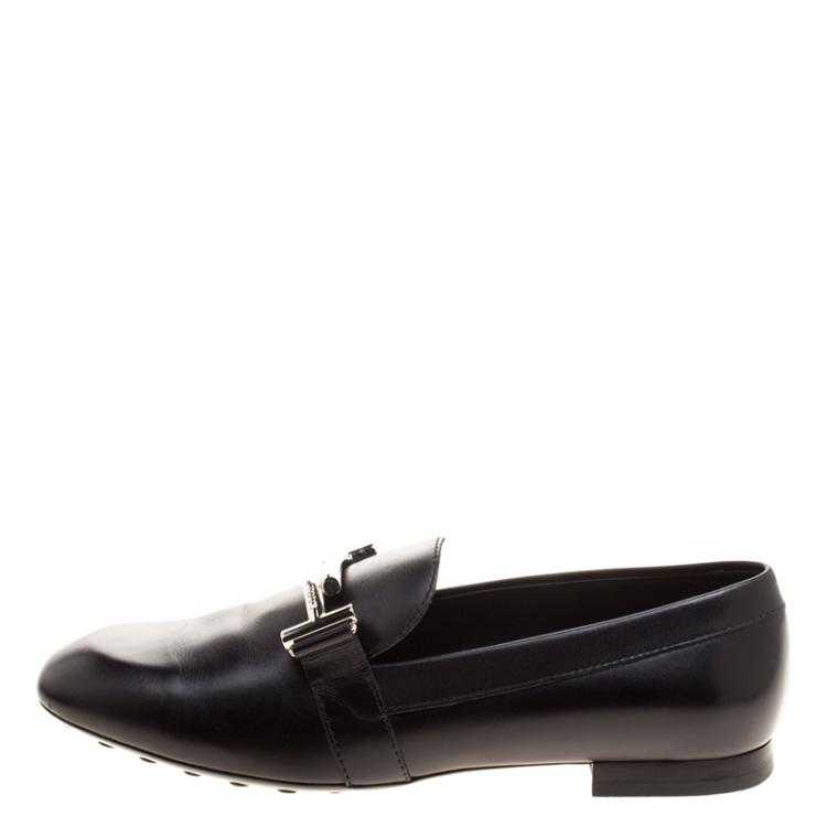 Pre Owned Tod's Black Leather Double T Loafers Size 38