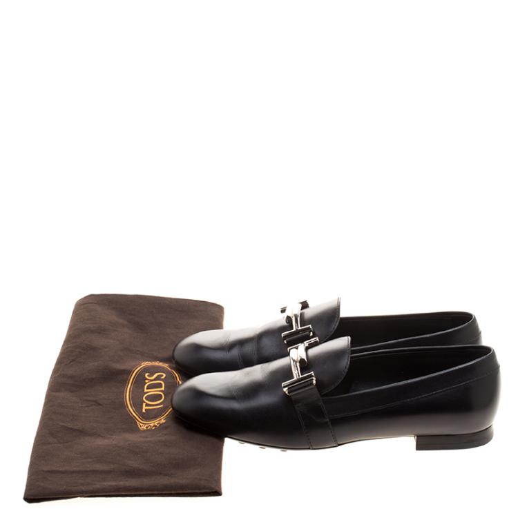 Pre Owned Tod's Black Leather Double T Loafers Size 38
