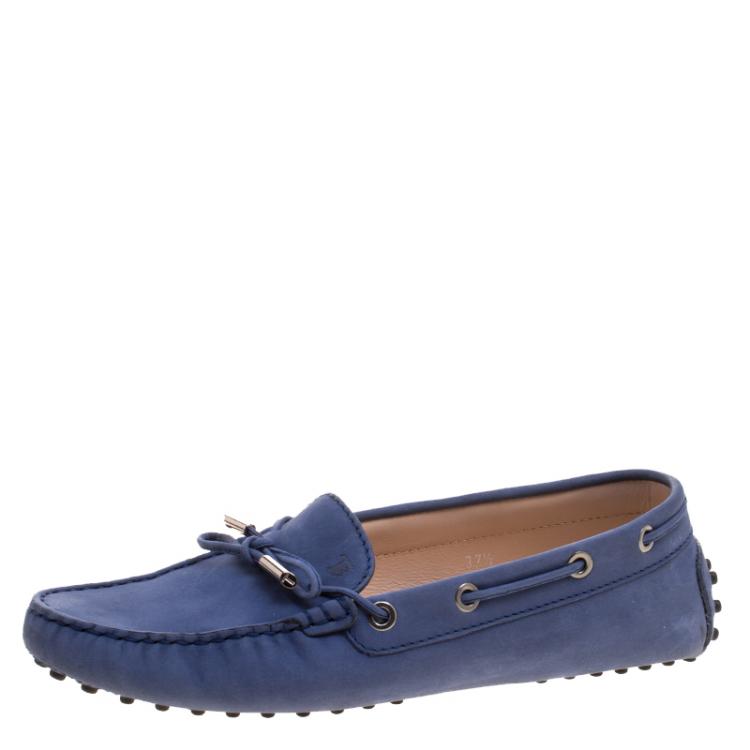 Pre Owned Tod's Blue Leather Bow Loafers Size 37.5