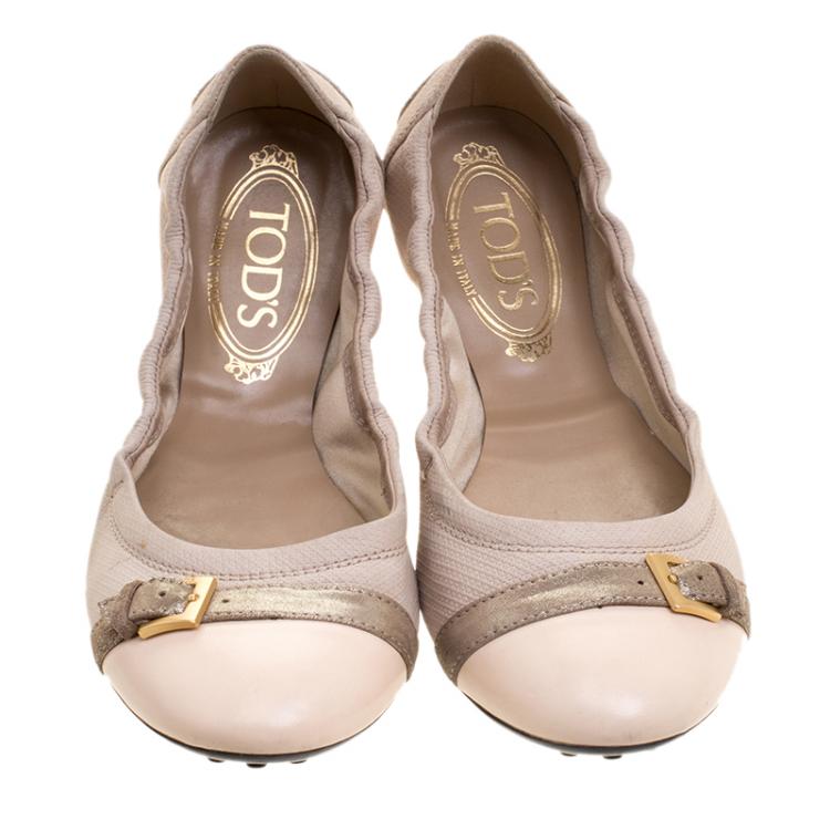مملوكة مسبقًا Tod's Beige Leather Buckle Detail Ballet Flats Size 37.5