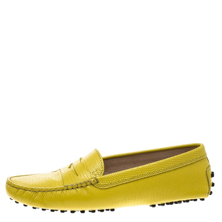Pre Owned Tod's Yellow Lizard Embossed Leather Penny Loafers Size 37.5