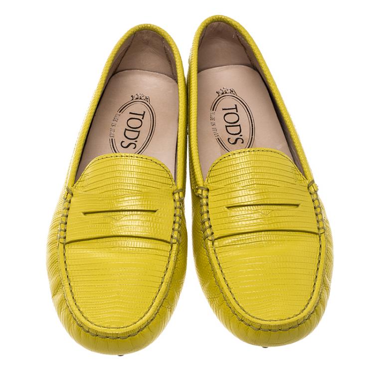 Pre Owned Tod's Yellow Lizard Embossed Leather Penny Loafers Size 37.5