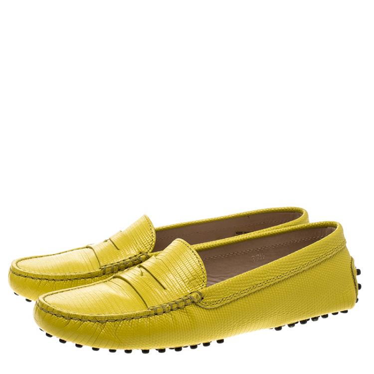 Pre Owned Tod's Yellow Lizard Embossed Leather Penny Loafers Size 37.5