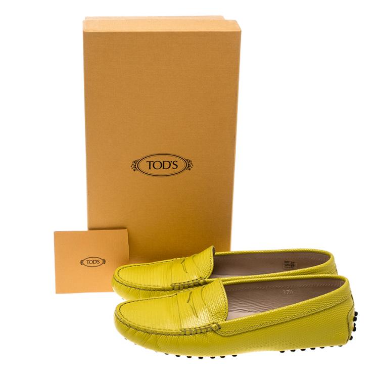 Pre Owned Tod's Yellow Lizard Embossed Leather Penny Loafers Size 37.5