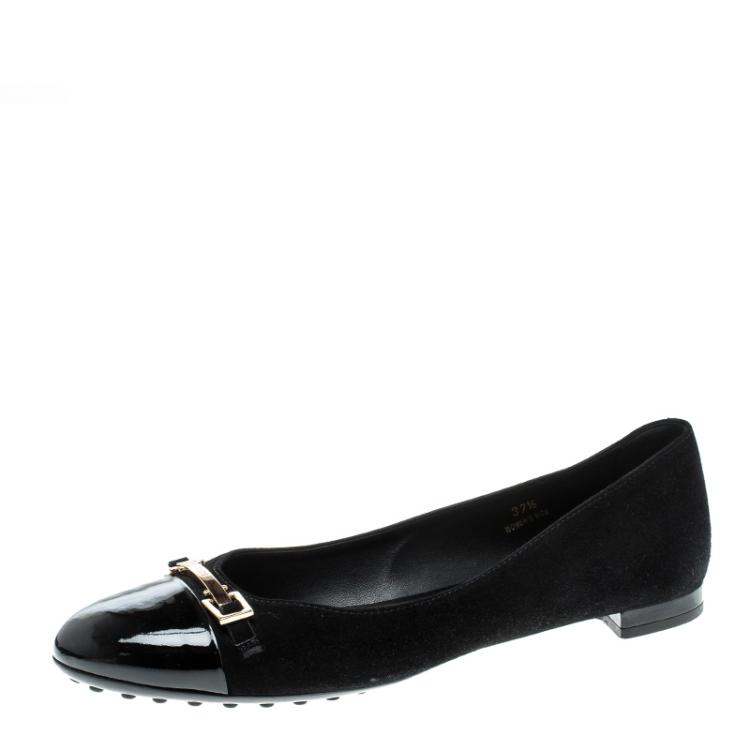 Pre Owned Tod's Black Suede and Patent Leather Ballet Flats Size 37.5