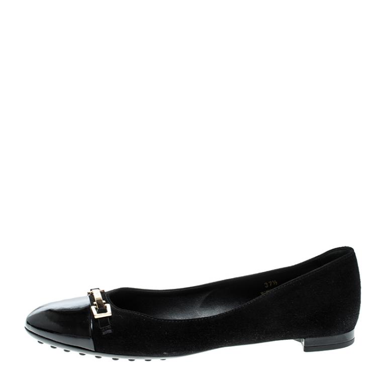Pre Owned Tod's Black Suede and Patent Leather Ballet Flats Size 37.5