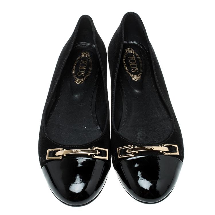 Pre Owned Tod's Black Suede and Patent Leather Ballet Flats Size 37.5