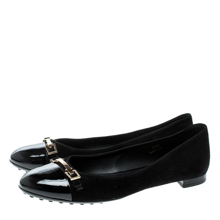 Pre Owned Tod's Black Suede and Patent Leather Ballet Flats Size 37.5