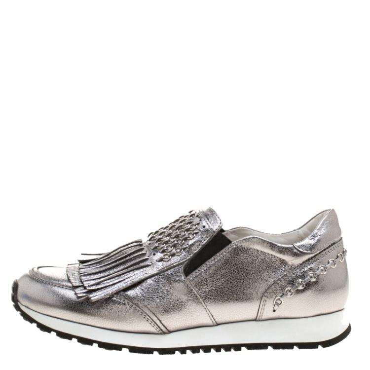Pre Owned Tod's Silver Leather Fringe Slip On Sneakers Size 38