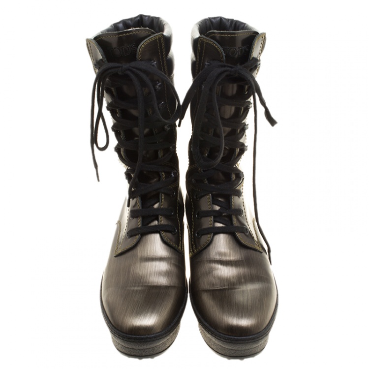 Pre Owned Tod's Metallic Leather Lace Up Wedge Boots Size 38