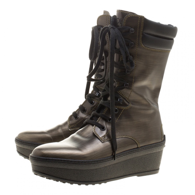 Pre Owned Tod's Metallic Leather Lace Up Wedge Boots Size 38