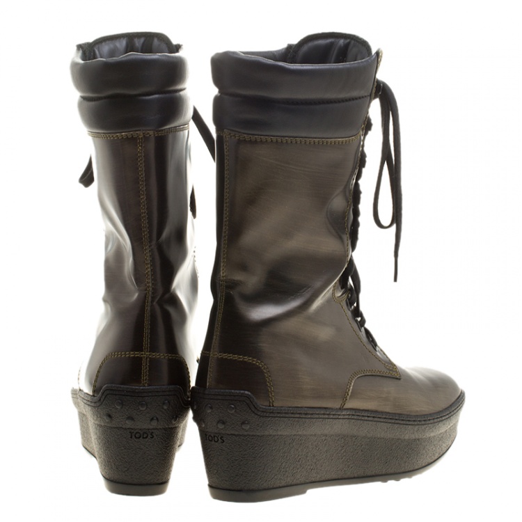 Pre Owned Tod's Metallic Leather Lace Up Wedge Boots Size 38