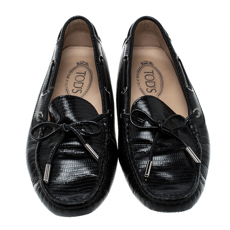 Pre Owned Tod's Black Lizard Leather Bow Loafers Size 38
