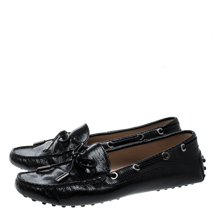 Pre Owned Tod's Black Lizard Leather Bow Loafers Size 38