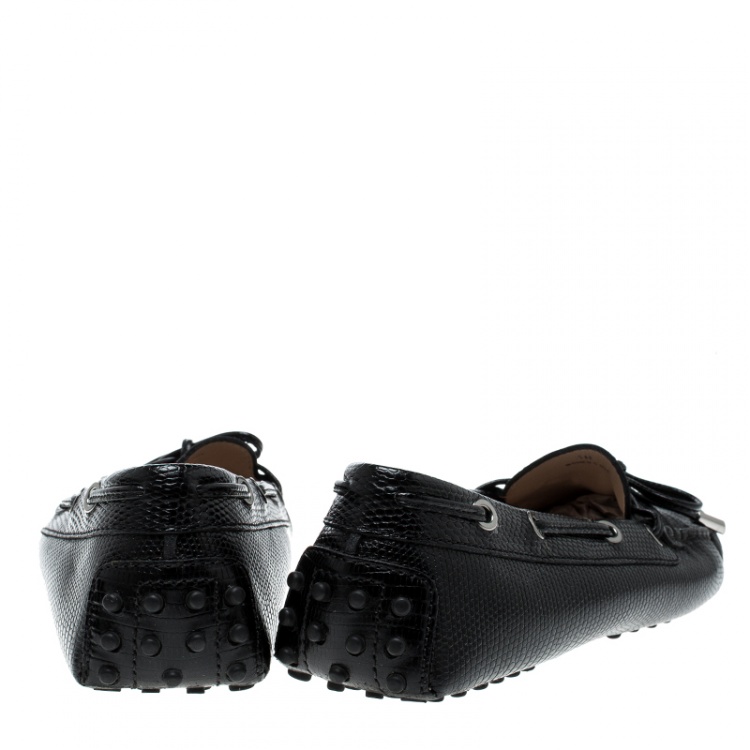 Pre Owned Tod's Black Lizard Leather Bow Loafers Size 38