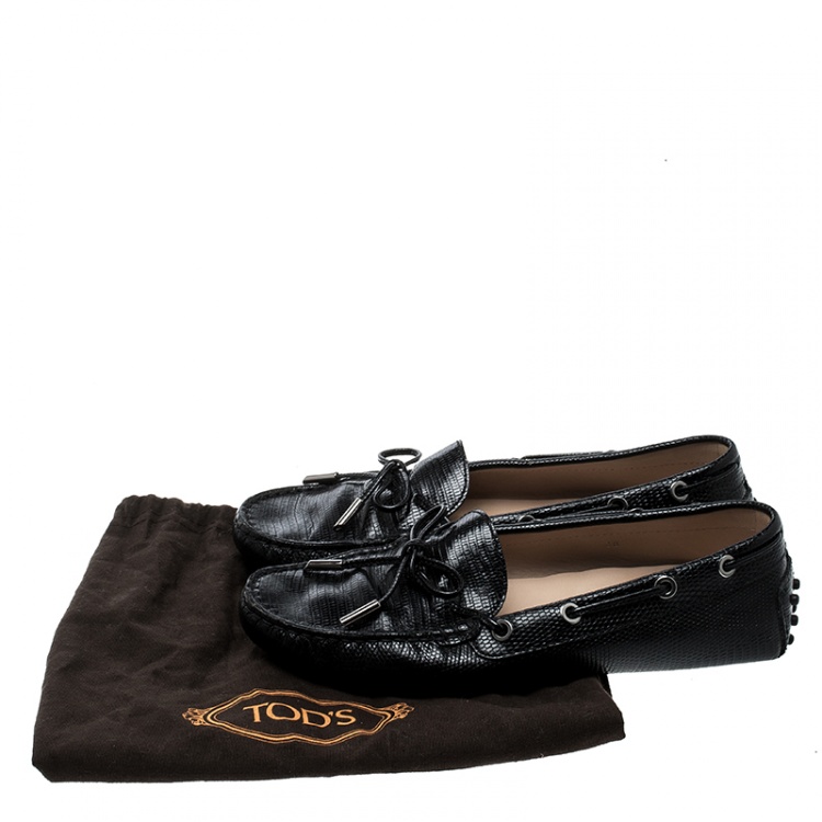 Pre Owned Tod's Black Lizard Leather Bow Loafers Size 38