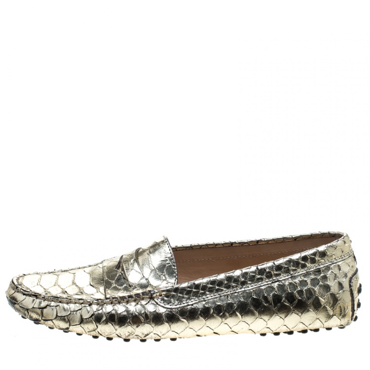 Pre Owned Tod's Metallic Gold Python Leather Penny Loafers Size 40.5