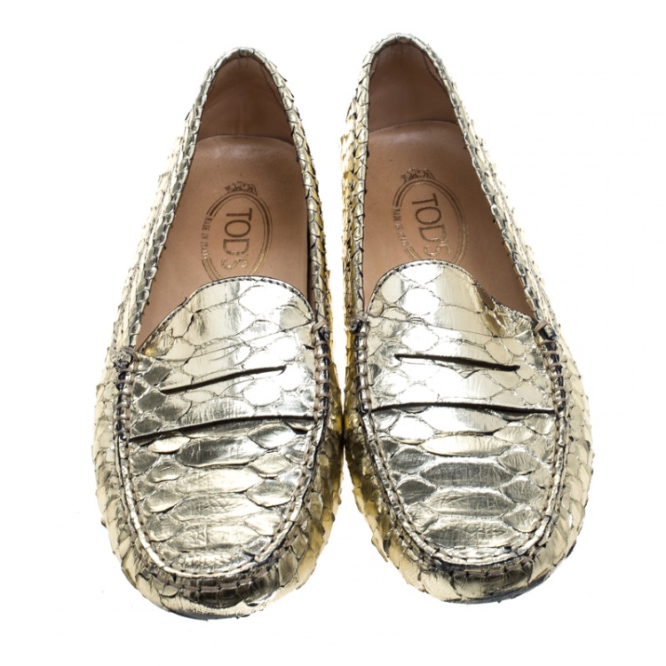 Pre Owned Tod's Metallic Gold Python Leather Penny Loafers Size 40.5