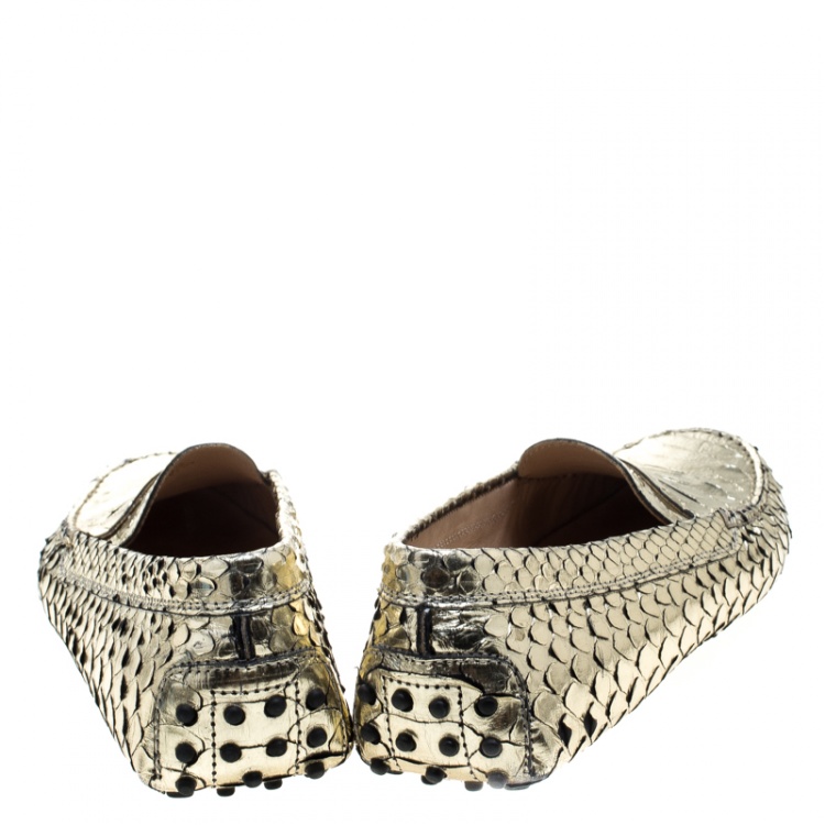 Pre Owned Tod's Metallic Gold Python Leather Penny Loafers Size 40.5