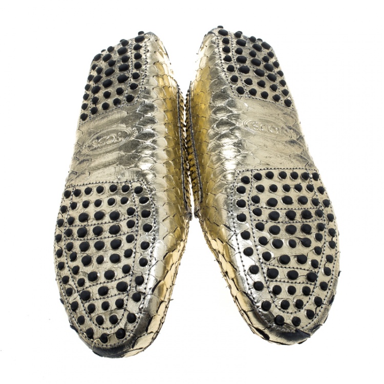 Pre Owned Tod's Metallic Gold Python Leather Penny Loafers Size 40.5