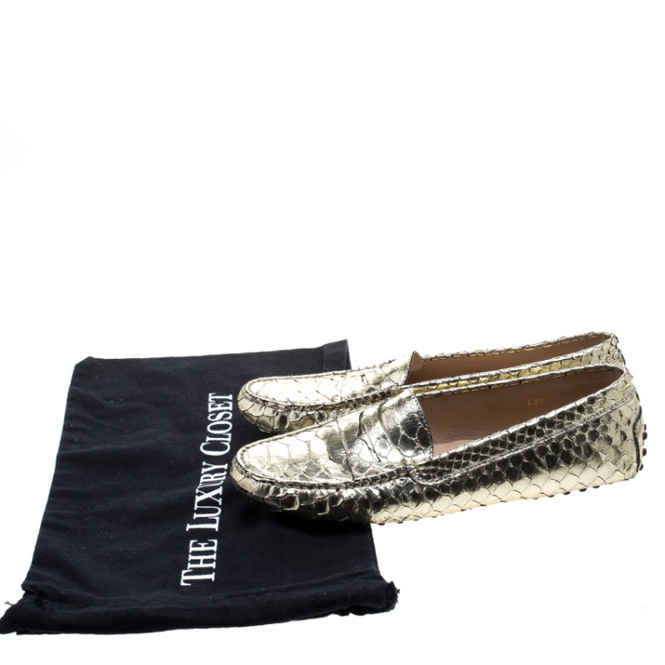 Pre Owned Tod's Metallic Gold Python Leather Penny Loafers Size 40.5