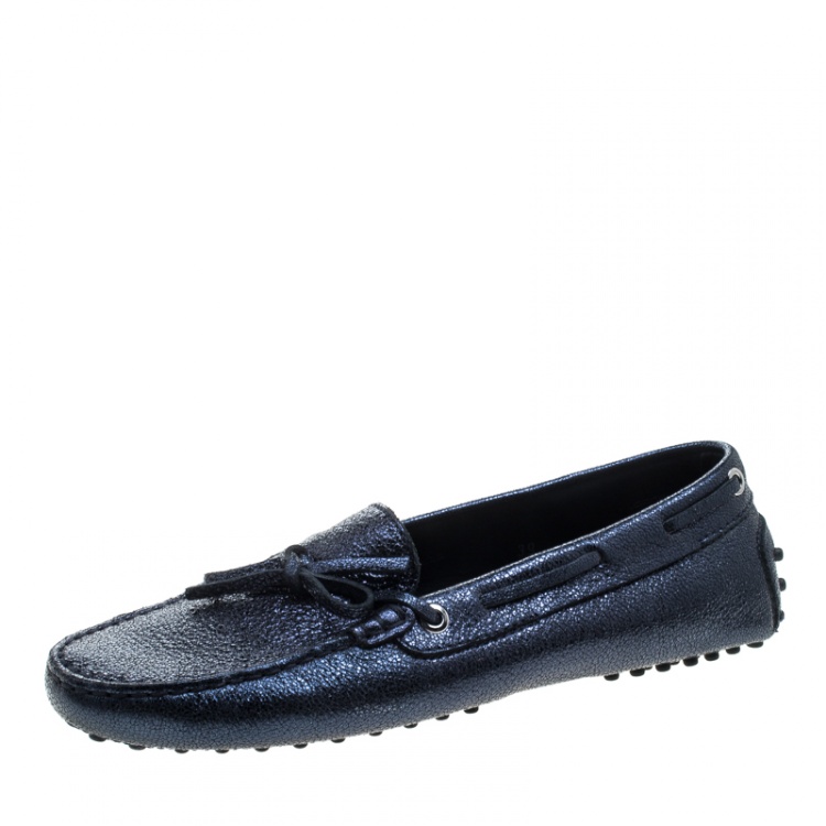 Pre Owned Tod's Metallic Blue Foil Leather Bow Loafers Size 39