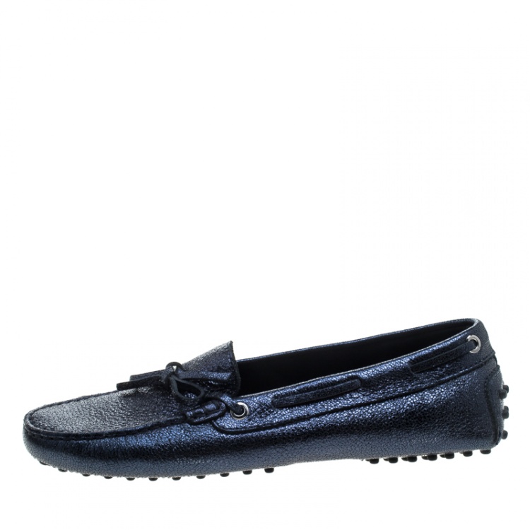 Pre Owned Tod's Metallic Blue Foil Leather Bow Loafers Size 39
