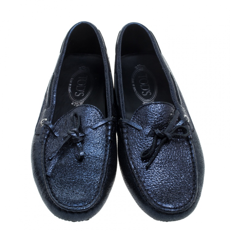 Pre Owned Tod's Metallic Blue Foil Leather Bow Loafers Size 39