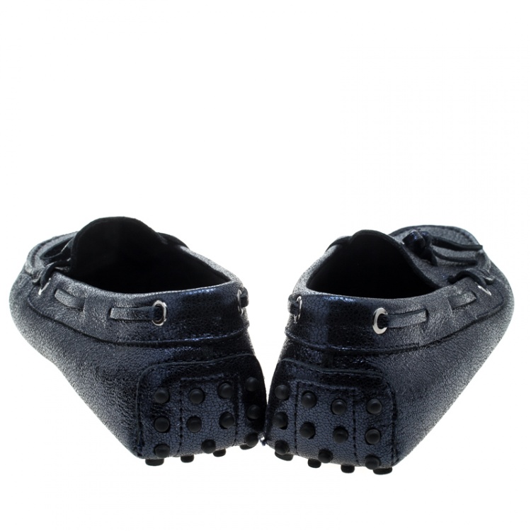 Pre Owned Tod's Metallic Blue Foil Leather Bow Loafers Size 39