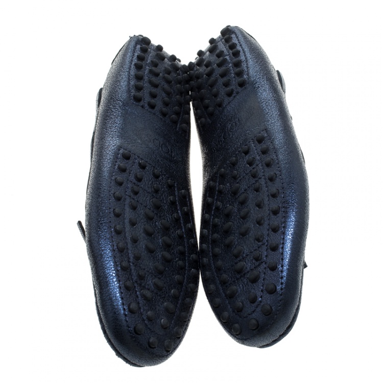 Pre Owned Tod's Metallic Blue Foil Leather Bow Loafers Size 39