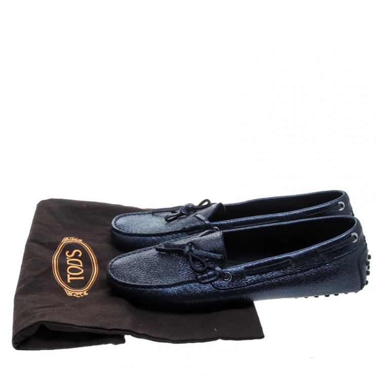 Pre Owned Tod's Metallic Blue Foil Leather Bow Loafers Size 39