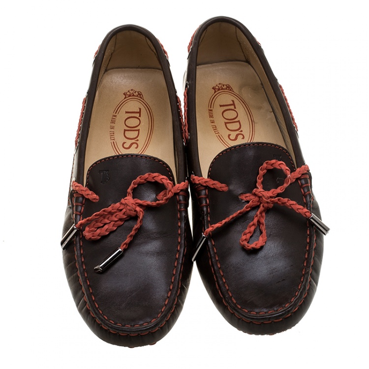Pre Owned Tod's Brown Leather with Contrast Braided Bow Loafers Size 35.5