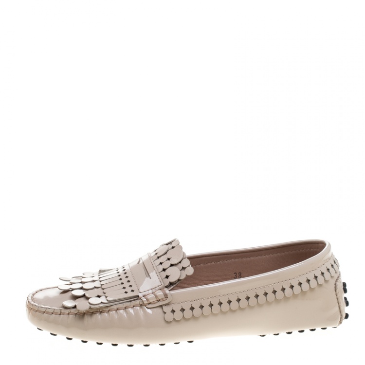Pre Owned Tod's Beige Patent Leather Gommini Heaven Fringe Penny Loafers Size 38