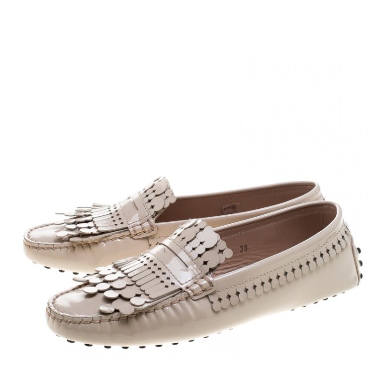 Pre Owned Tod's Beige Patent Leather Gommini Heaven Fringe Penny Loafers Size 38