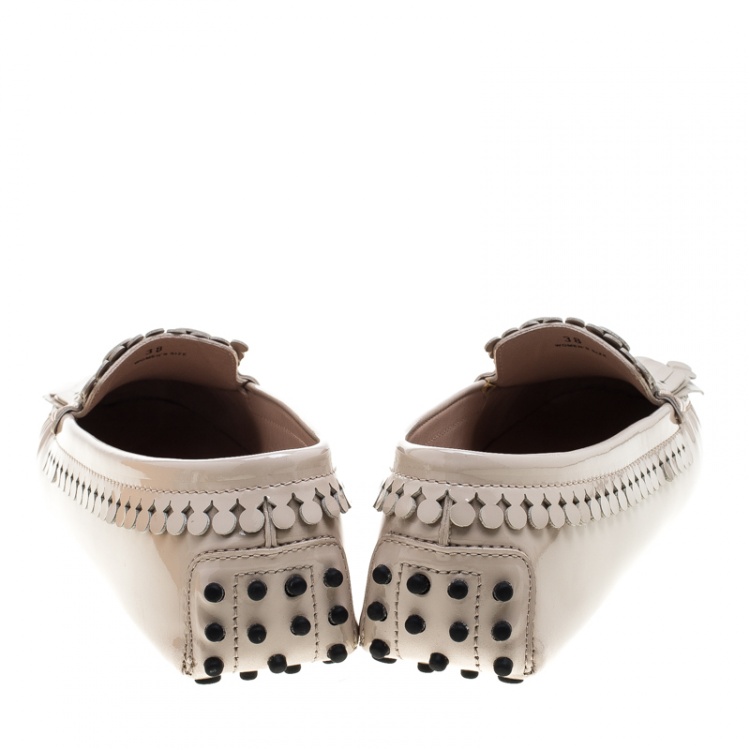 Pre Owned Tod's Beige Patent Leather Gommini Heaven Fringe Penny Loafers Size 38