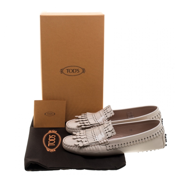 Pre Owned Tod's Beige Patent Leather Gommini Heaven Fringe Penny Loafers Size 38