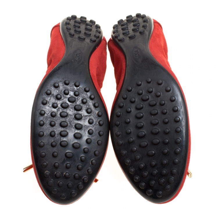 Pre Owned Tod's Red Suede Bow Scrunch Ballet Flats Size 36.5