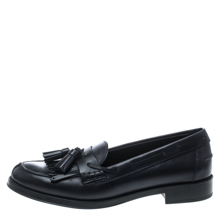 Pre Owned Tod's Navy Blue Leather Tassel Fringe Detail Loafers Size 38.5