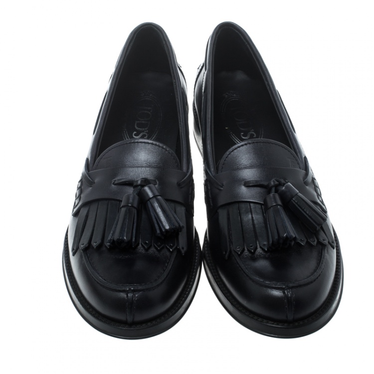 Pre Owned Tod's Navy Blue Leather Tassel Fringe Detail Loafers Size 38.5