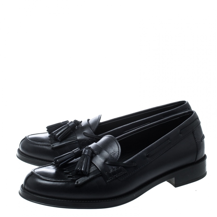 Pre Owned Tod's Navy Blue Leather Tassel Fringe Detail Loafers Size 38.5