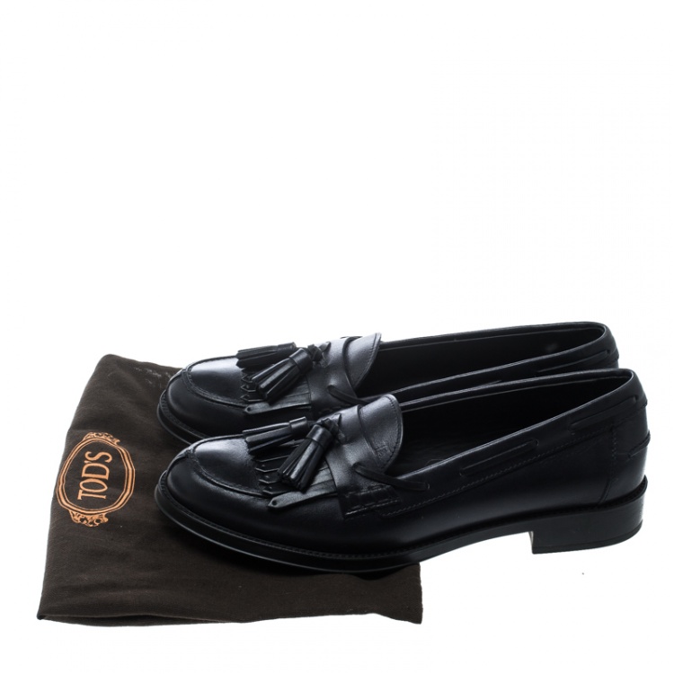 Pre Owned Tod's Navy Blue Leather Tassel Fringe Detail Loafers Size 38.5