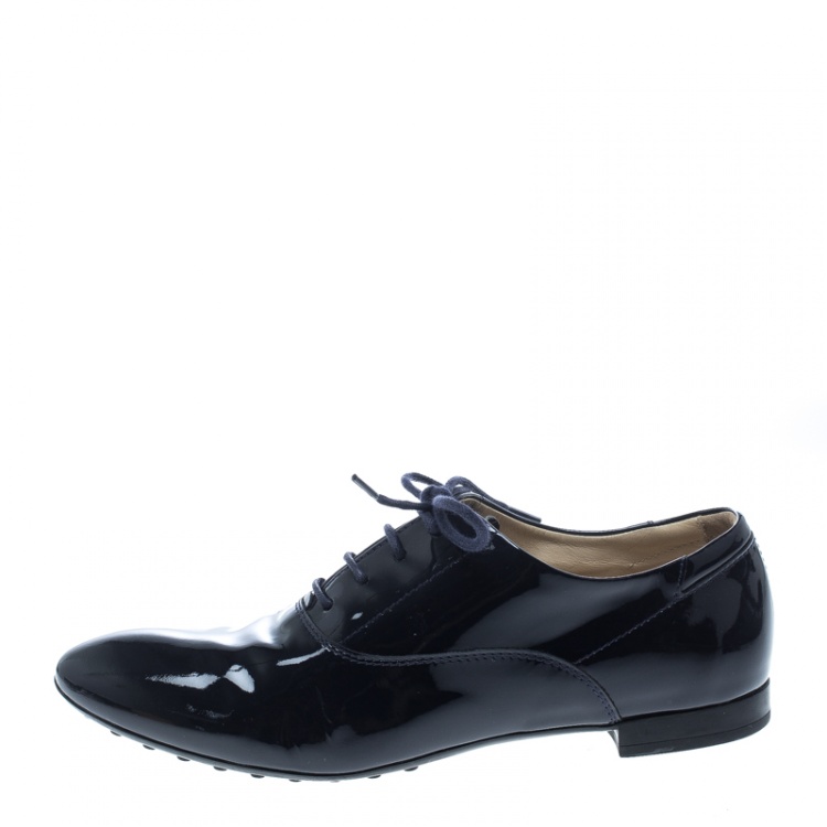Pre Owned Tod's Navy Blue Patent Leather Lace Up Derby Size 38