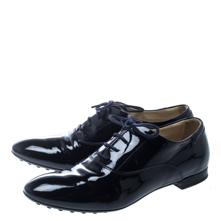 Pre Owned Tod's Navy Blue Patent Leather Lace Up Derby Size 38
