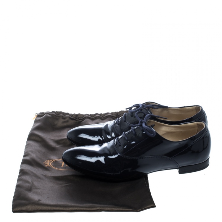 Pre Owned Tod's Navy Blue Patent Leather Lace Up Derby Size 38