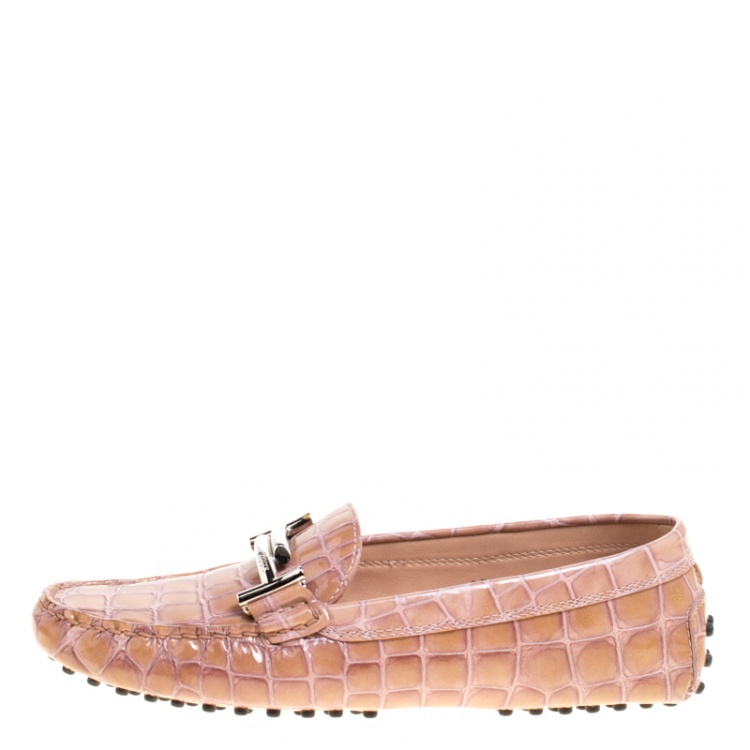 Pre Owned Tod's Pale Pink Croc Embossed Patent Leather Gommino Double T Buckle Driver Loafers Size 37.5