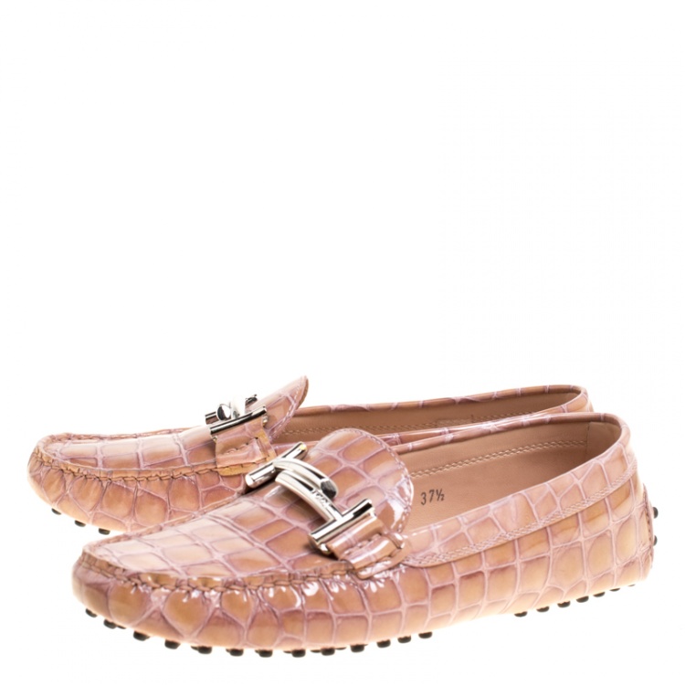 Pre Owned Tod's Pale Pink Croc Embossed Patent Leather Gommino Double T Buckle Driver Loafers Size 37.5
