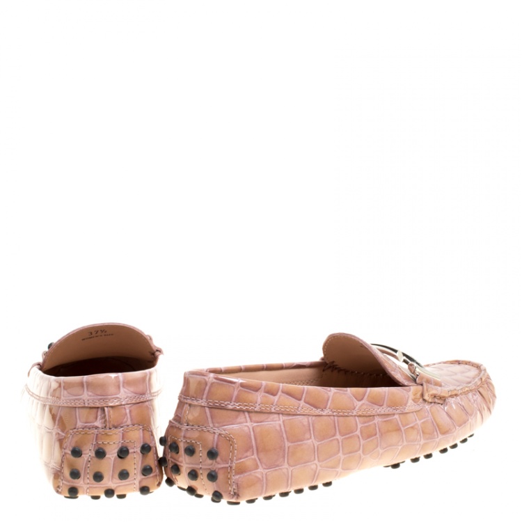 Pre Owned Tod's Pale Pink Croc Embossed Patent Leather Gommino Double T Buckle Driver Loafers Size 37.5