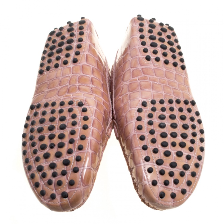 Pre Owned Tod's Pale Pink Croc Embossed Patent Leather Gommino Double T Buckle Driver Loafers Size 37.5
