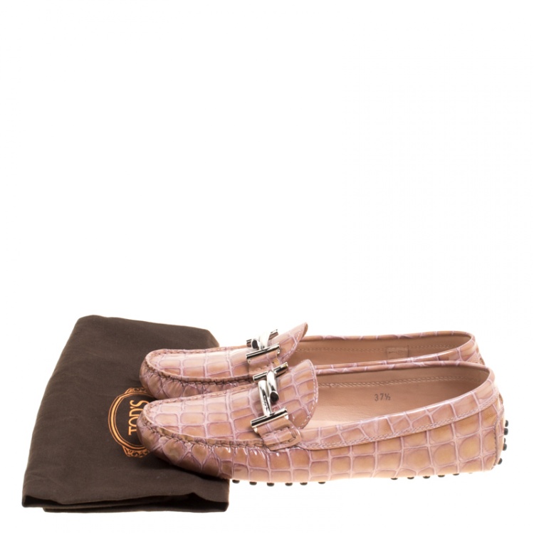 Pre Owned Tod's Pale Pink Croc Embossed Patent Leather Gommino Double T Buckle Driver Loafers Size 37.5