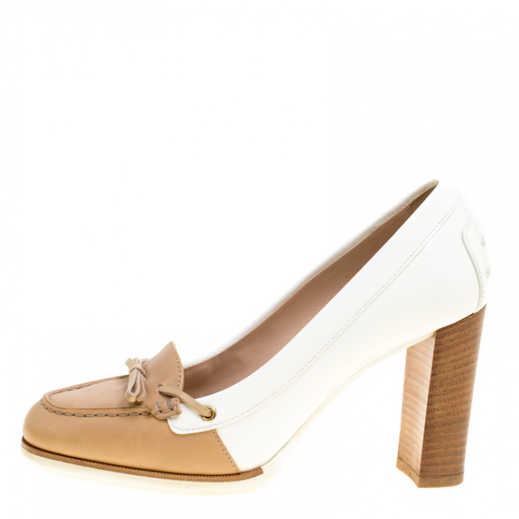 Pre Owned Tod's Two Tone Leather Bow Loafer Pumps Size 36.5